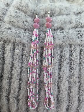 Pink Beaded Tassel Earrings with Pink Heart Accents